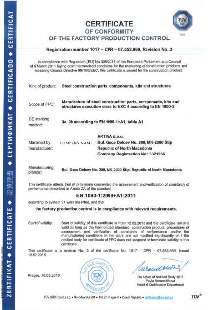 Czech Republic Certificate of Conformity of The Factory Production Control